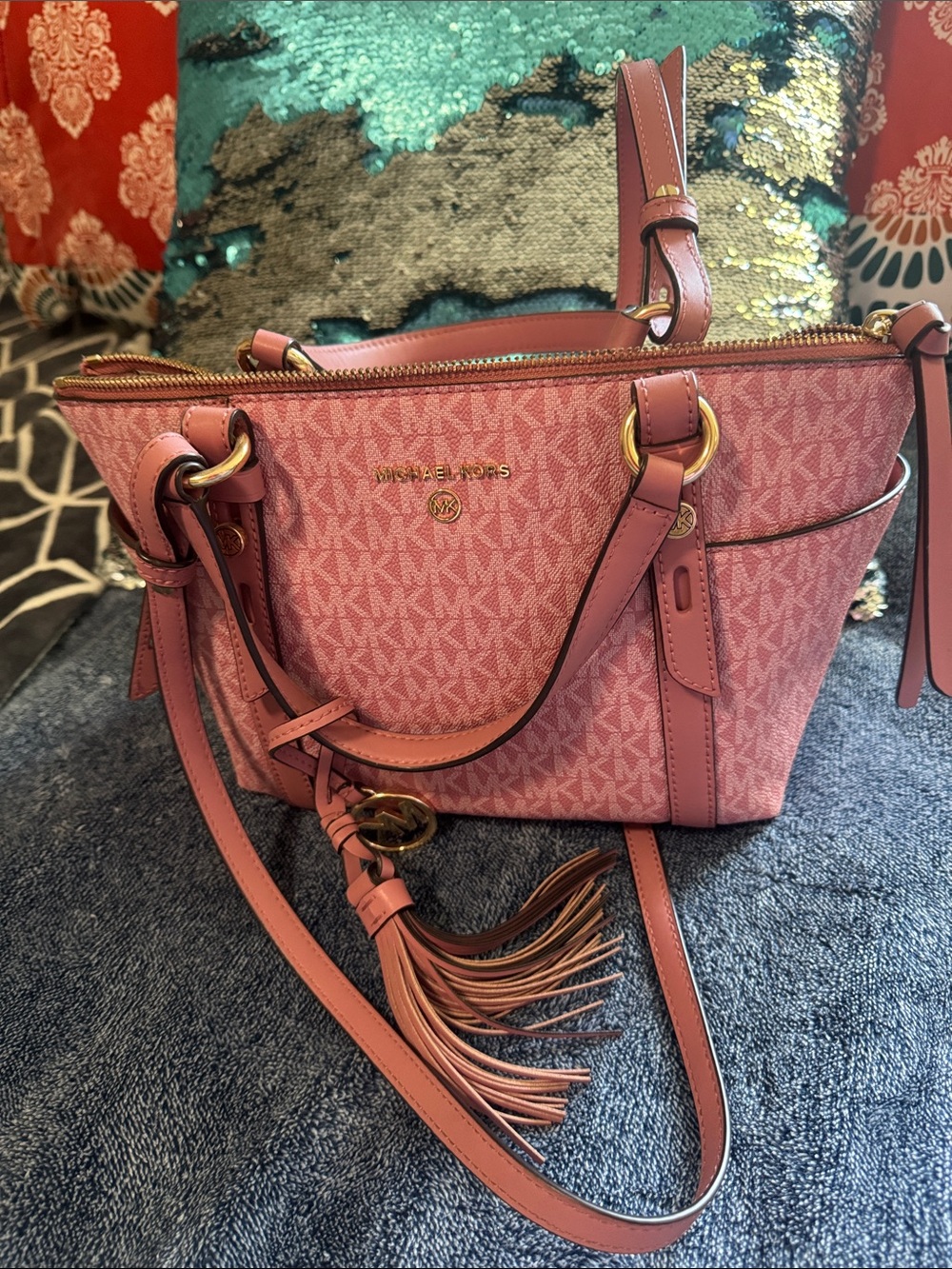Michael Kors Pink Monogram Crossbody with Tassel